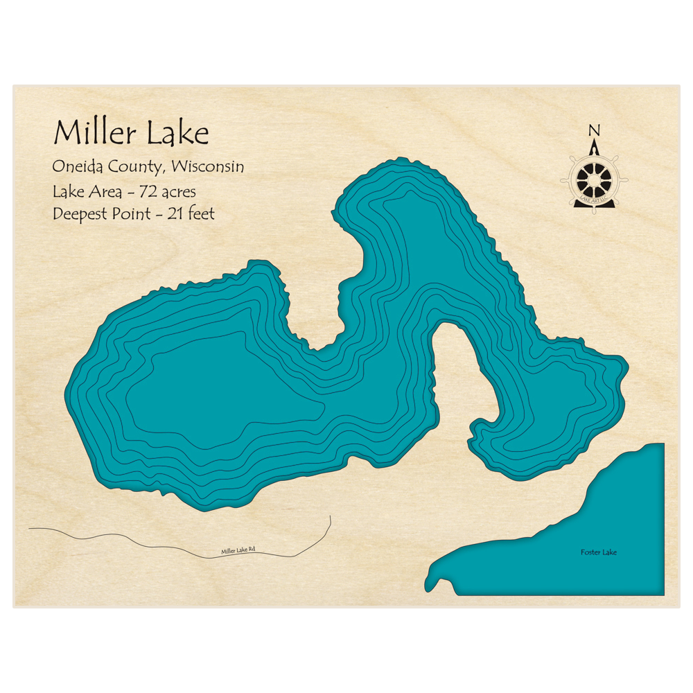 Bathymetric topo map of Miller Lake  with roads, towns and depths noted in blue water