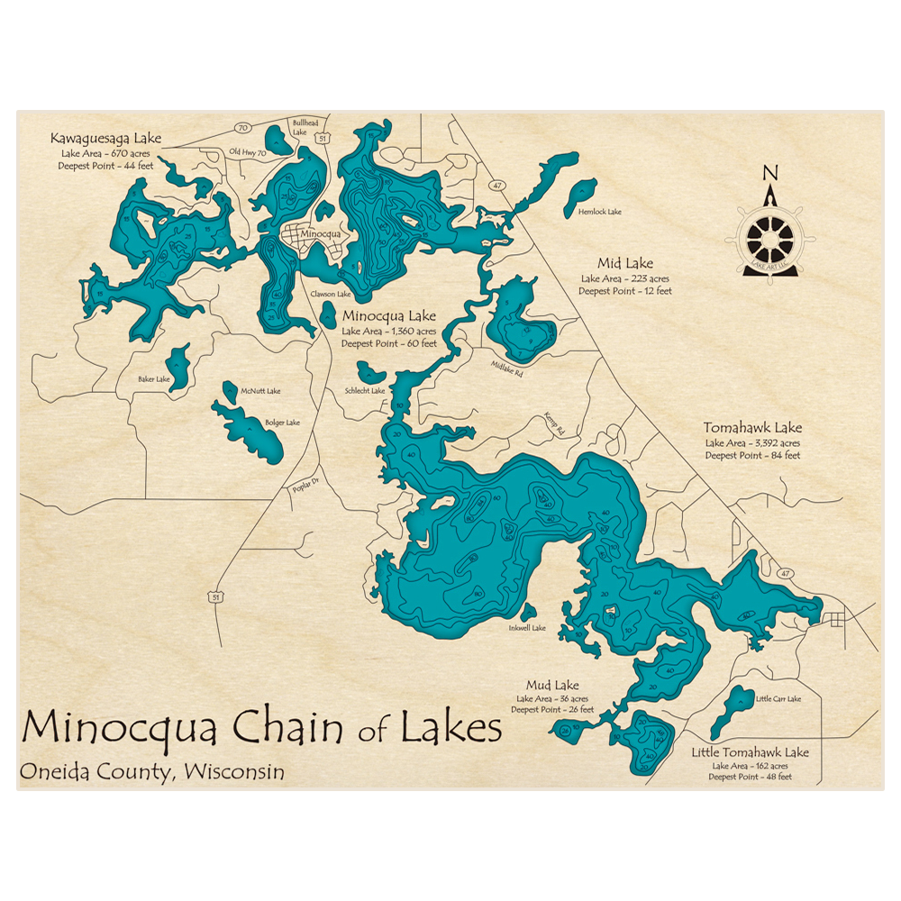 Bathymetric topo map of Minocqua Chain of Lakes with roads, towns and depths noted in blue water