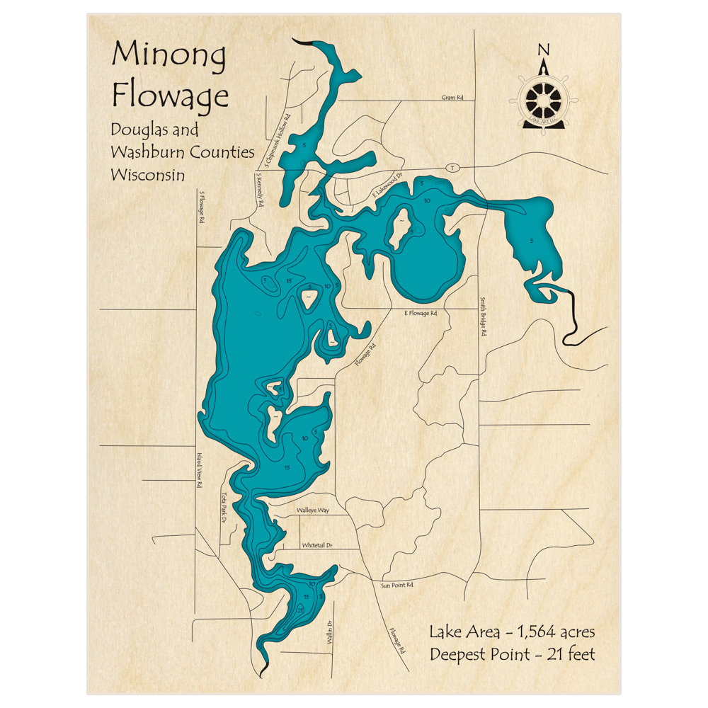 Bathymetric topo map of Minong Flowage with roads, towns and depths noted in blue water