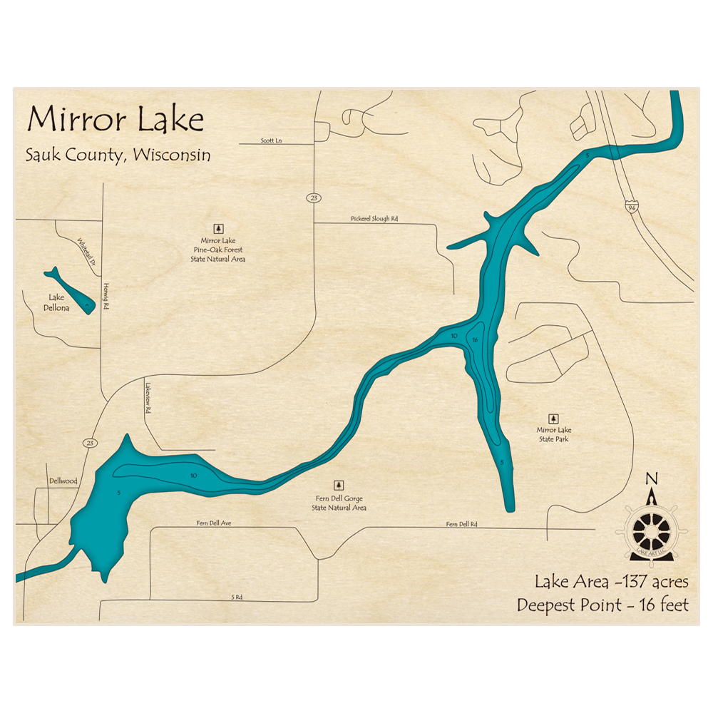 Bathymetric topo map of Mirror Lake with roads, towns and depths noted in blue water