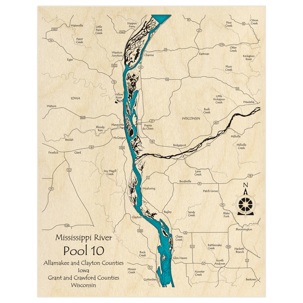 Bathymetric topo map of Mississippi River Pool 10 (single layer map only) with roads, towns and depths noted in blue water
