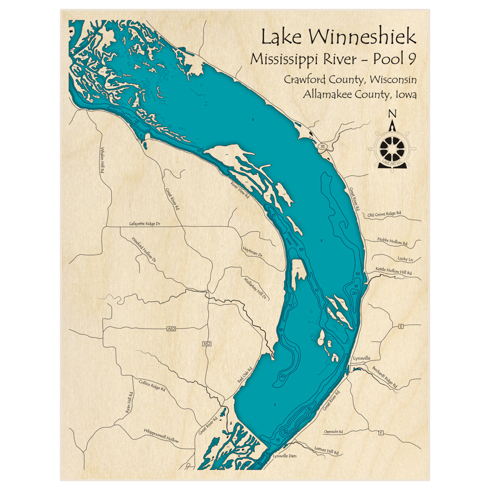 Bathymetric topo map of Lake Winneshiek   Mississippi River - Pool 9 with roads, towns and depths noted in blue water