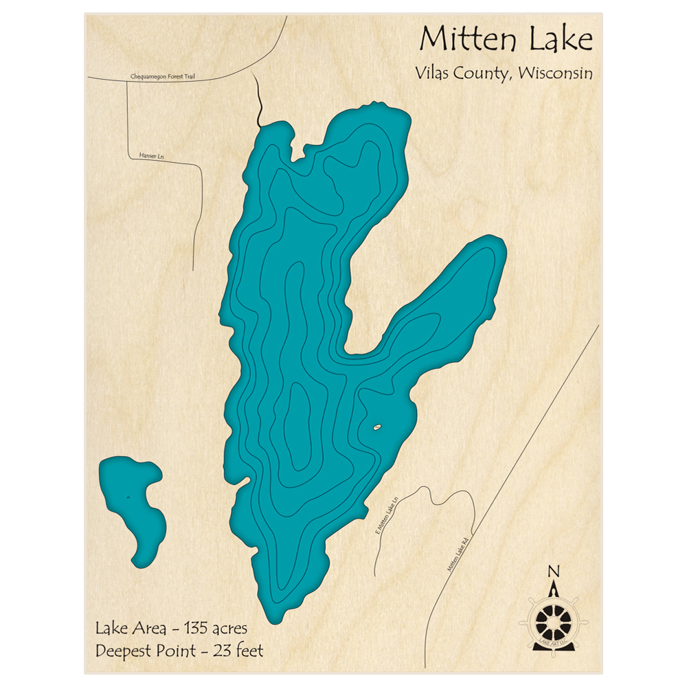 Bathymetric topo map of Mitten Lake  with roads, towns and depths noted in blue water