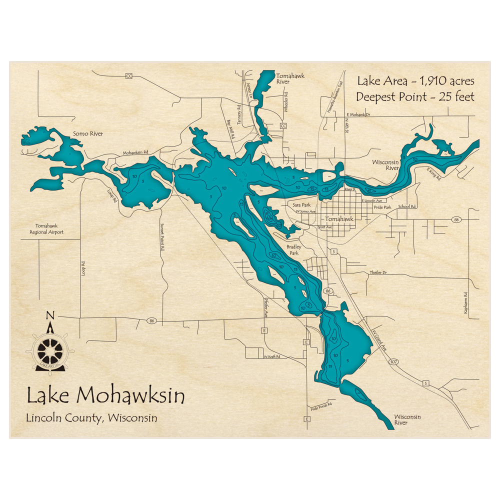 Bathymetric topo map of Lake Mohawksin with roads, towns and depths noted in blue water