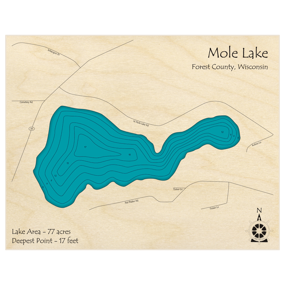 Bathymetric topo map of Mole Lake with roads, towns and depths noted in blue water