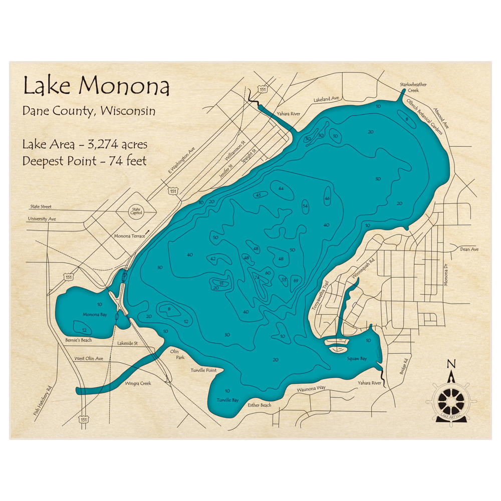 Bathymetric topo map of Lake Monona with roads, towns and depths noted in blue water