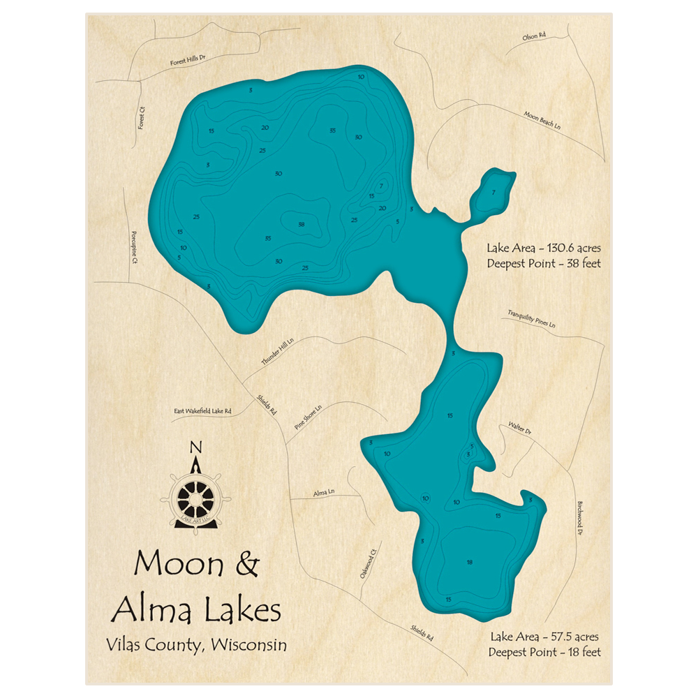 Bathymetric topo map of Moon Lake and Alma Lake with roads, towns and depths noted in blue water