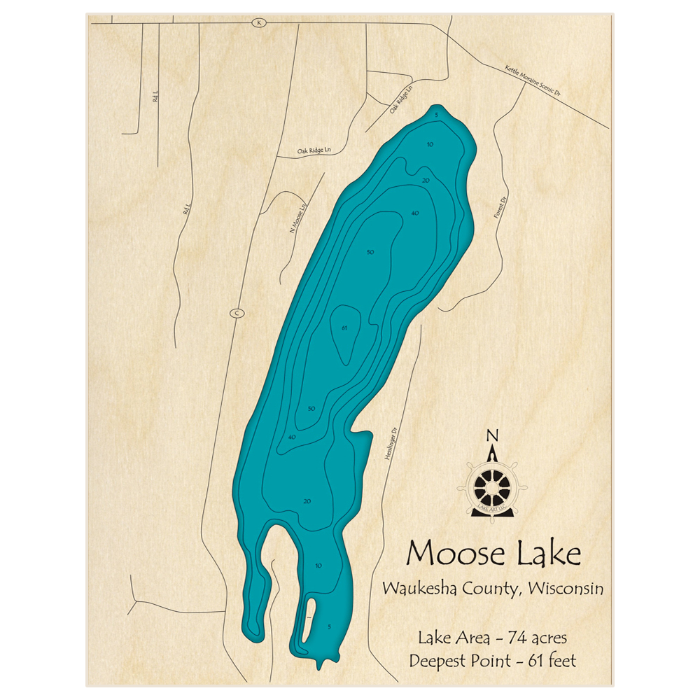 Bathymetric topo map of Moose Lake with roads, towns and depths noted in blue water