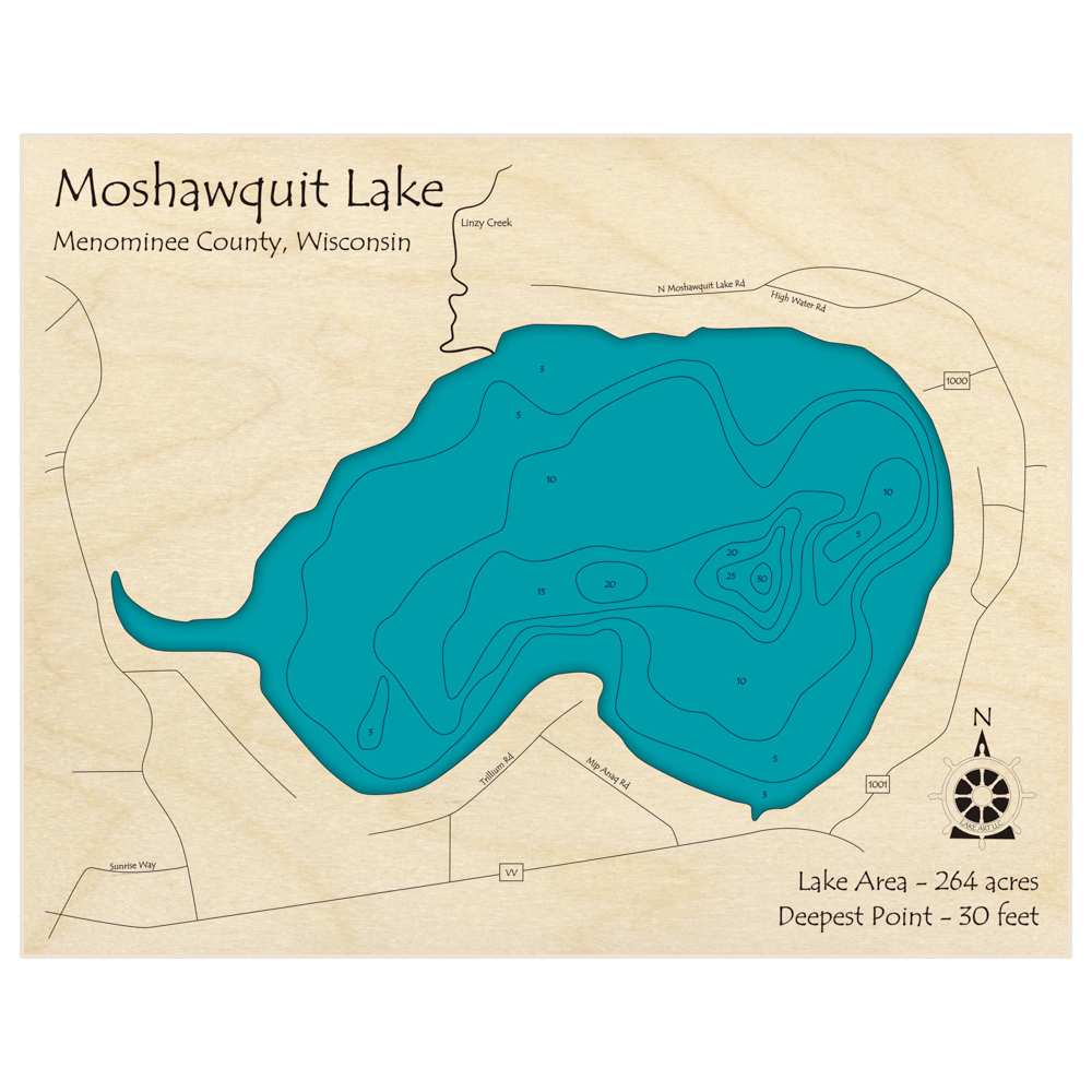 Bathymetric topo map of Moshawquit Lake with roads, towns and depths noted in blue water