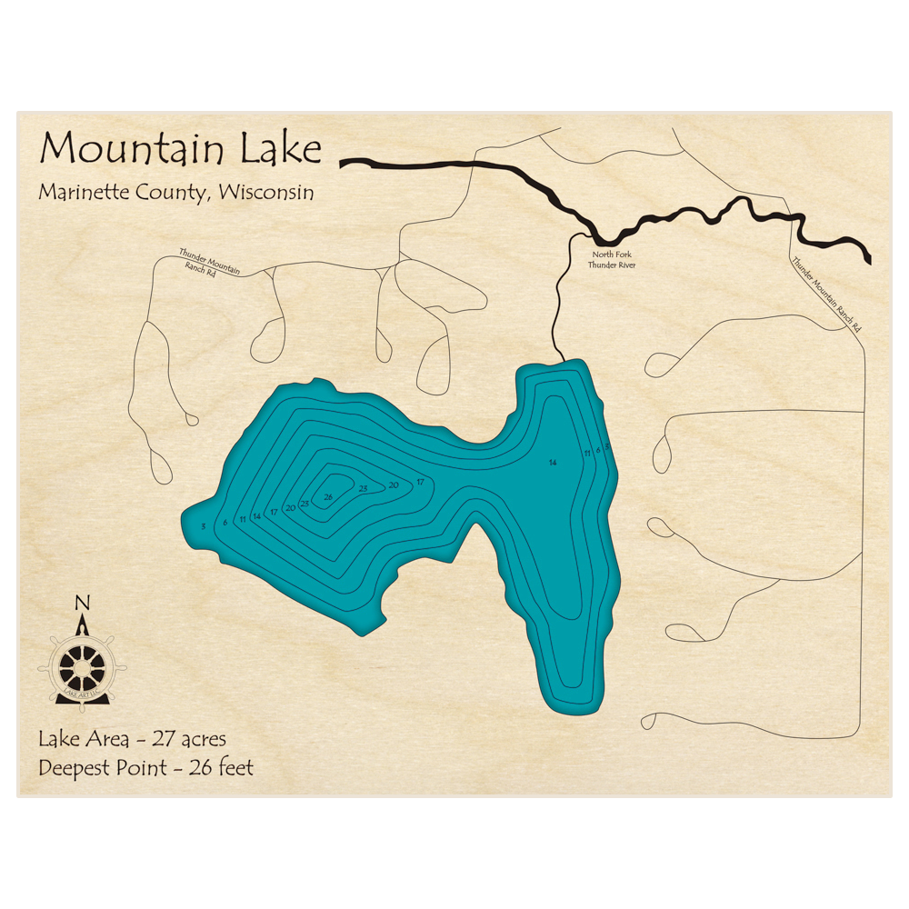 Bathymetric topo map of Mountain Lake with roads, towns and depths noted in blue water