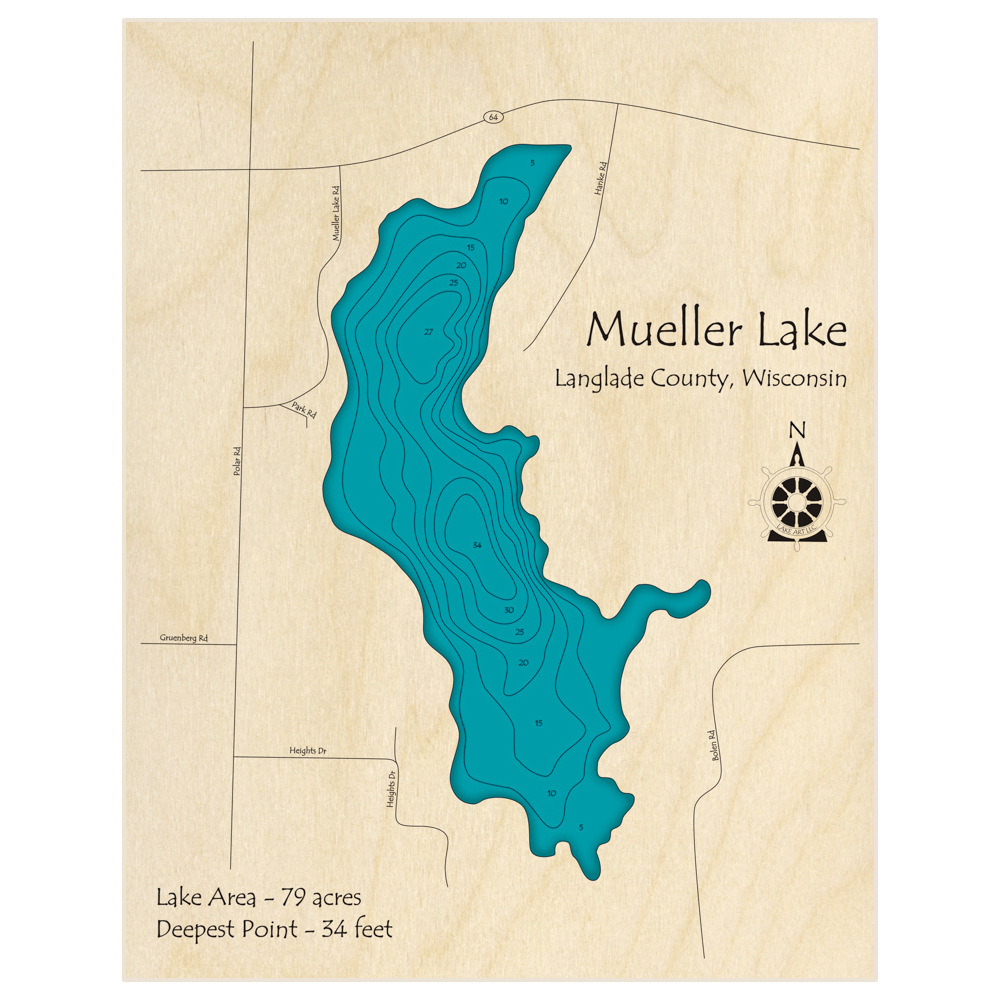 Bathymetric topo map of Mueller Lake with roads, towns and depths noted in blue water