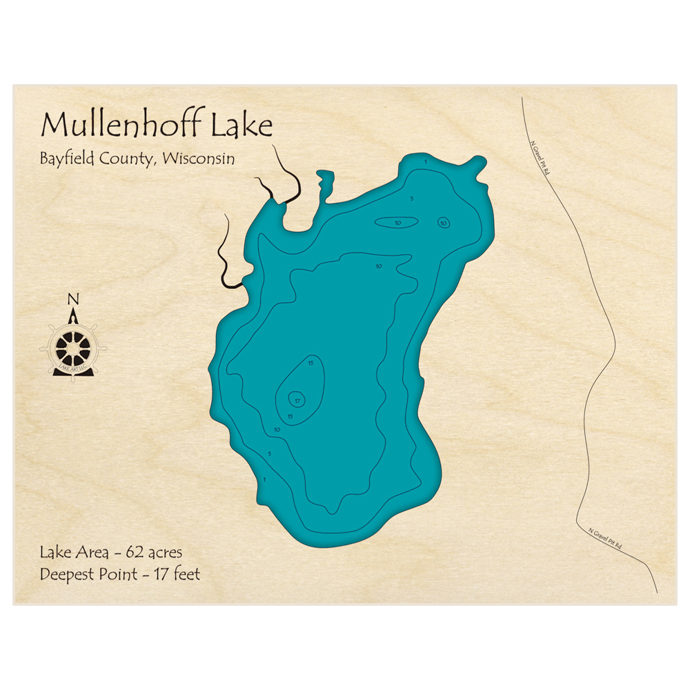 Bathymetric topo map of Mullenhoff Lake with roads, towns and depths noted in blue water