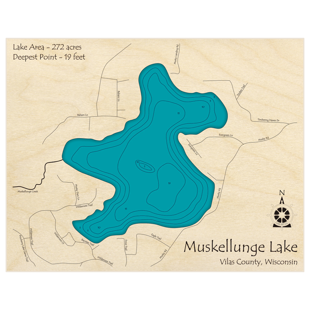 Bathymetric topo map of Muskellunge Lake with roads, towns and depths noted in blue water