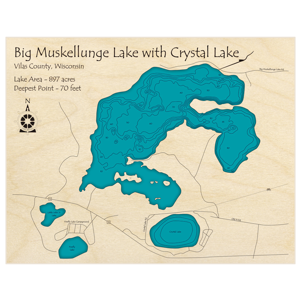 Bathymetric topo map of Big Muskellunge Lake with Crystal Lake with roads, towns and depths noted in blue water
