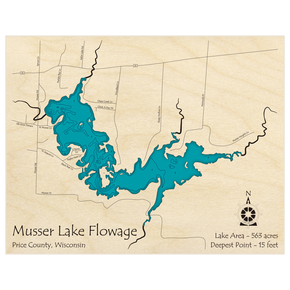 Bathymetric topo map of Musser Lake Flowage with roads, towns and depths noted in blue water