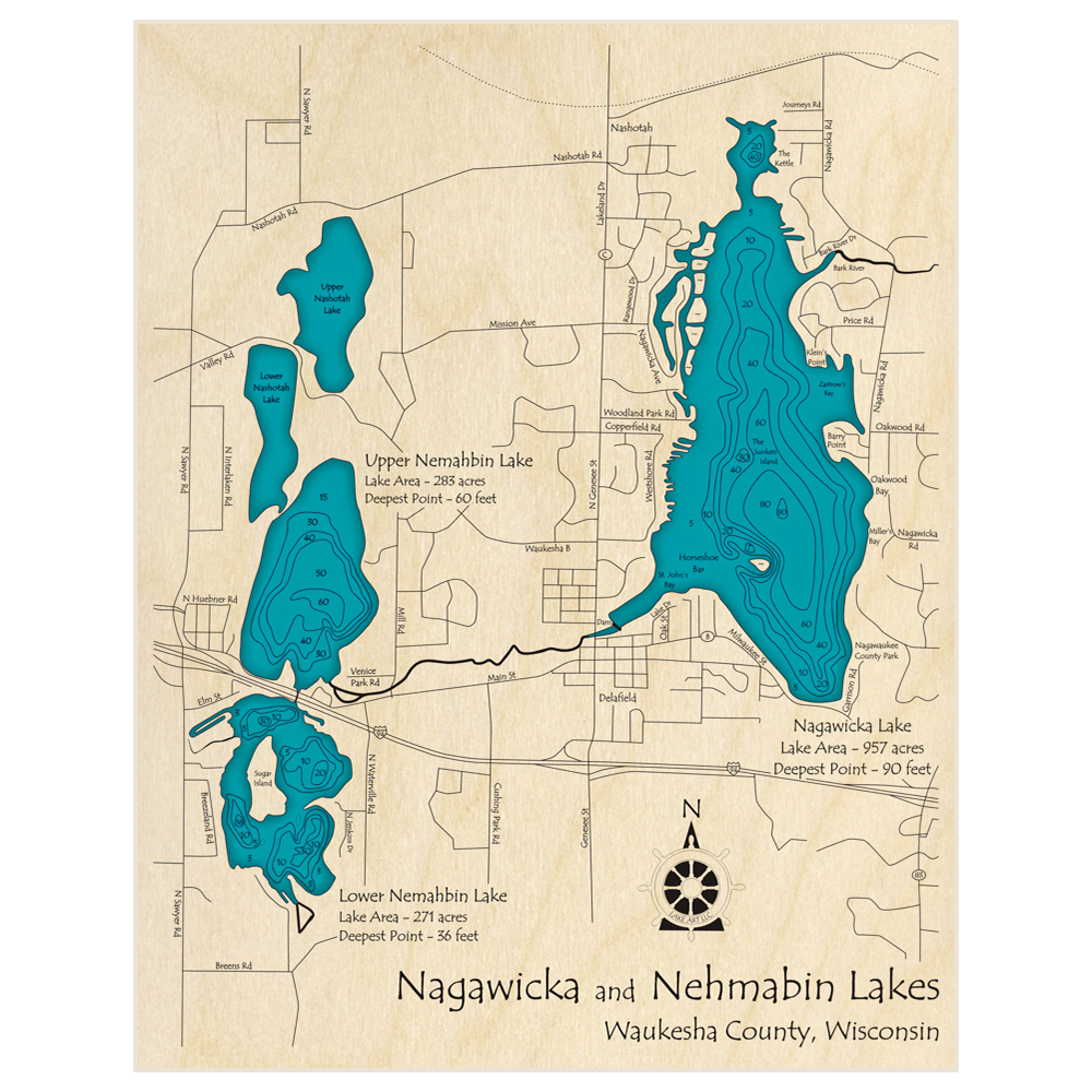 Bathymetric topo map of Nagawicka and Nehmabin Lakes with roads, towns and depths noted in blue water