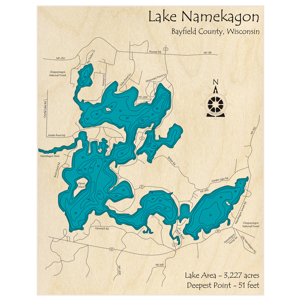 Bathymetric topo map of Lake Namekagon  (spelled with E) with roads, towns and depths noted in blue water