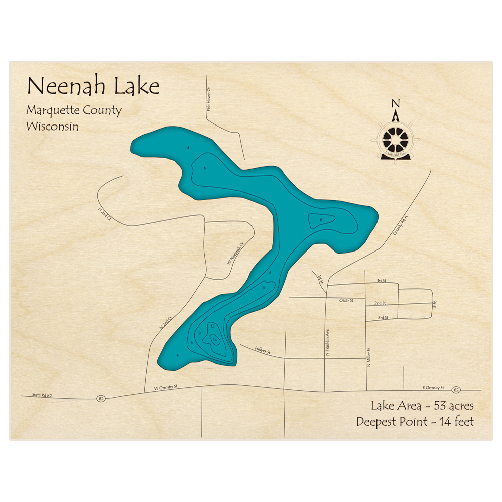 Bathymetric topo map of Neenah Lake with roads, towns and depths noted in blue water