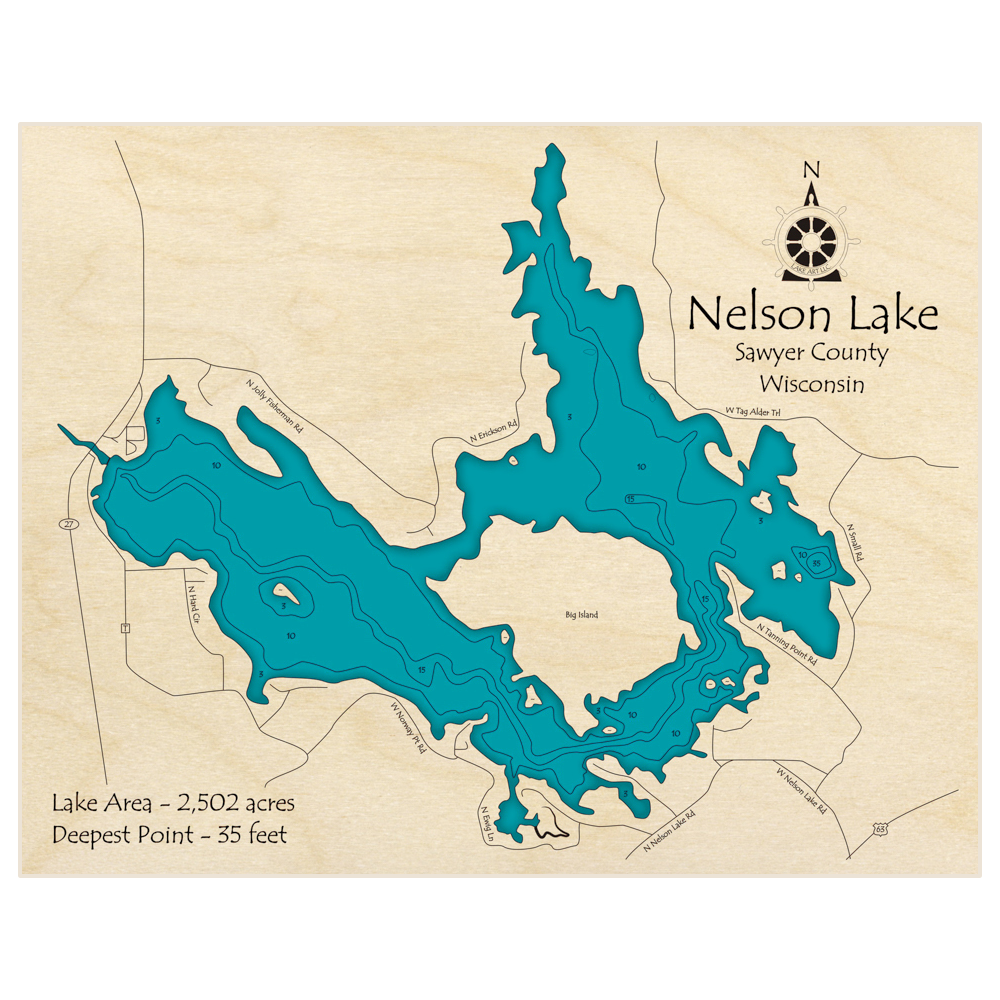 Nelson Lake 3D Custom Wood Map Lake Art LLC