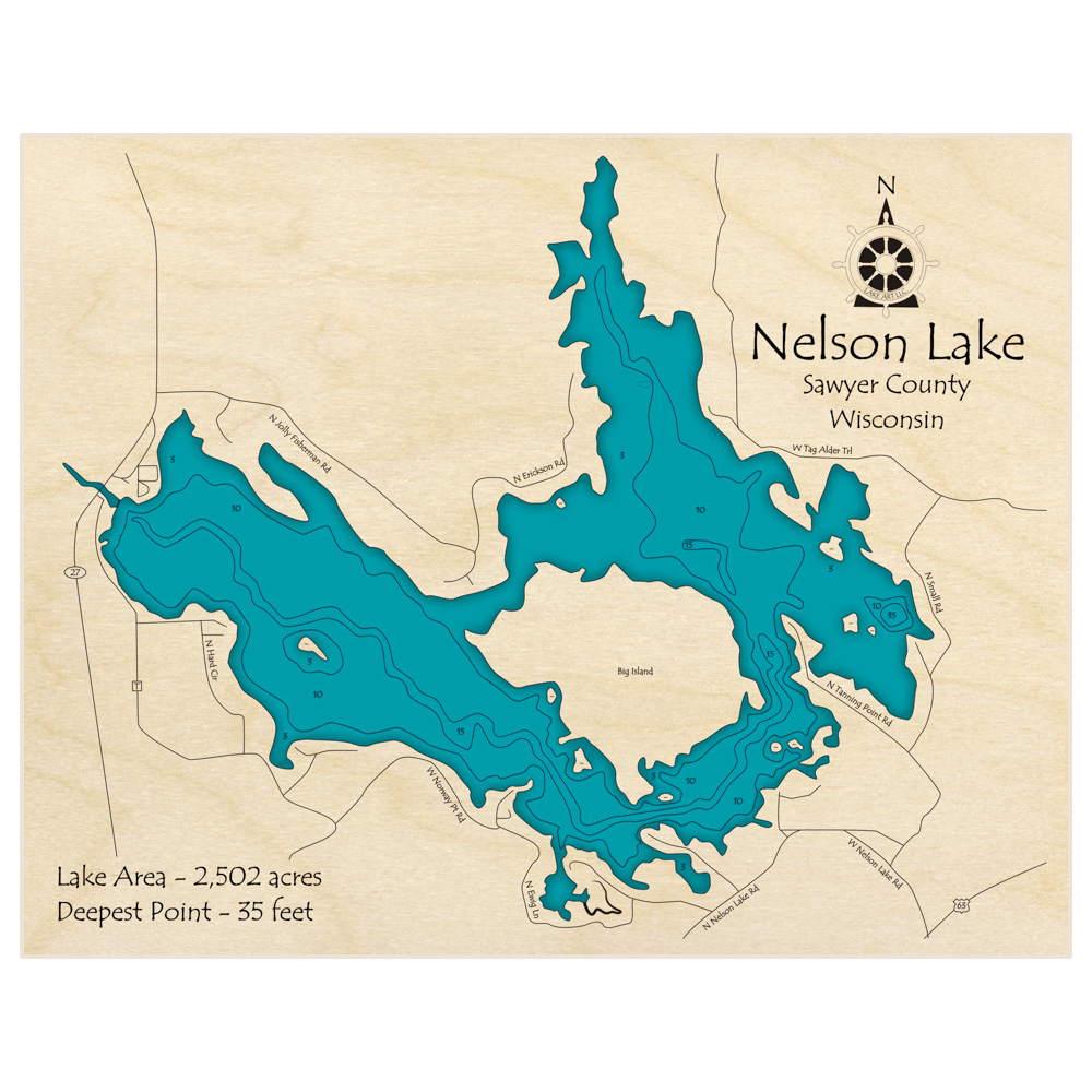 Bathymetric topo map of Nelson Lake with roads, towns and depths noted in blue water