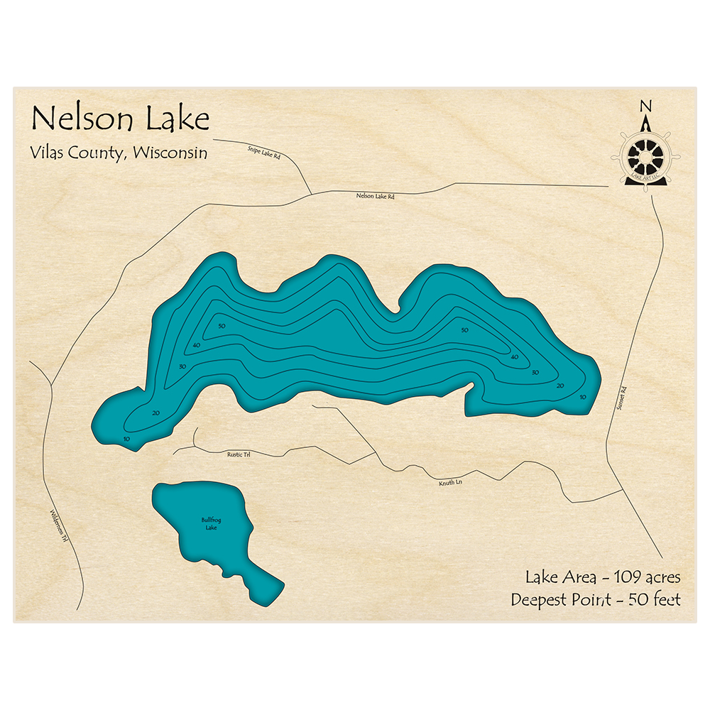 Bathymetric topo map of Nelson Lake with roads, towns and depths noted in blue water