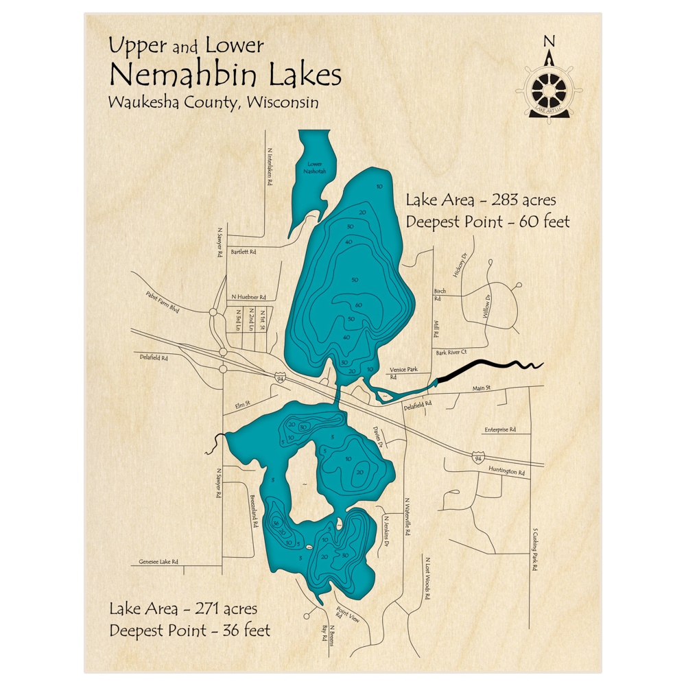 Bathymetric topo map of Nemahbin Lakes (Upper and Lower Lakes) with roads, towns and depths noted in blue water