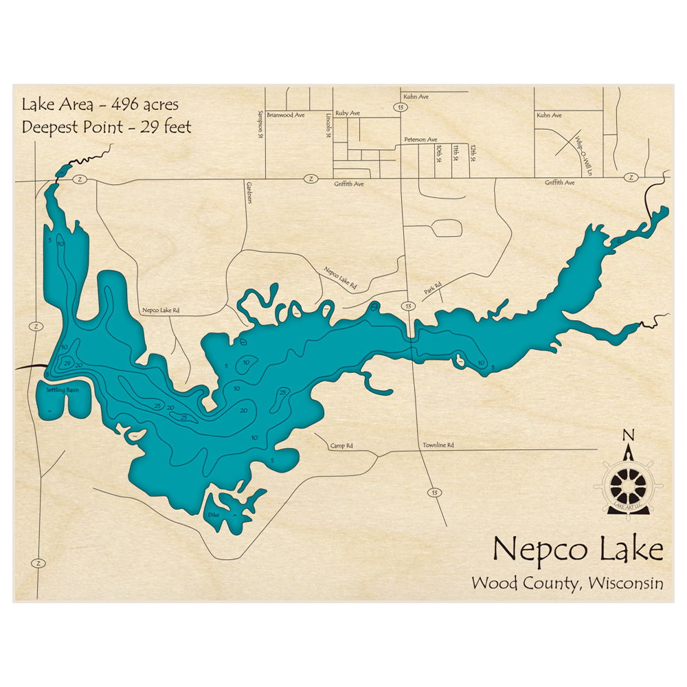Bathymetric topo map of Nepco Lake with roads, towns and depths noted in blue water