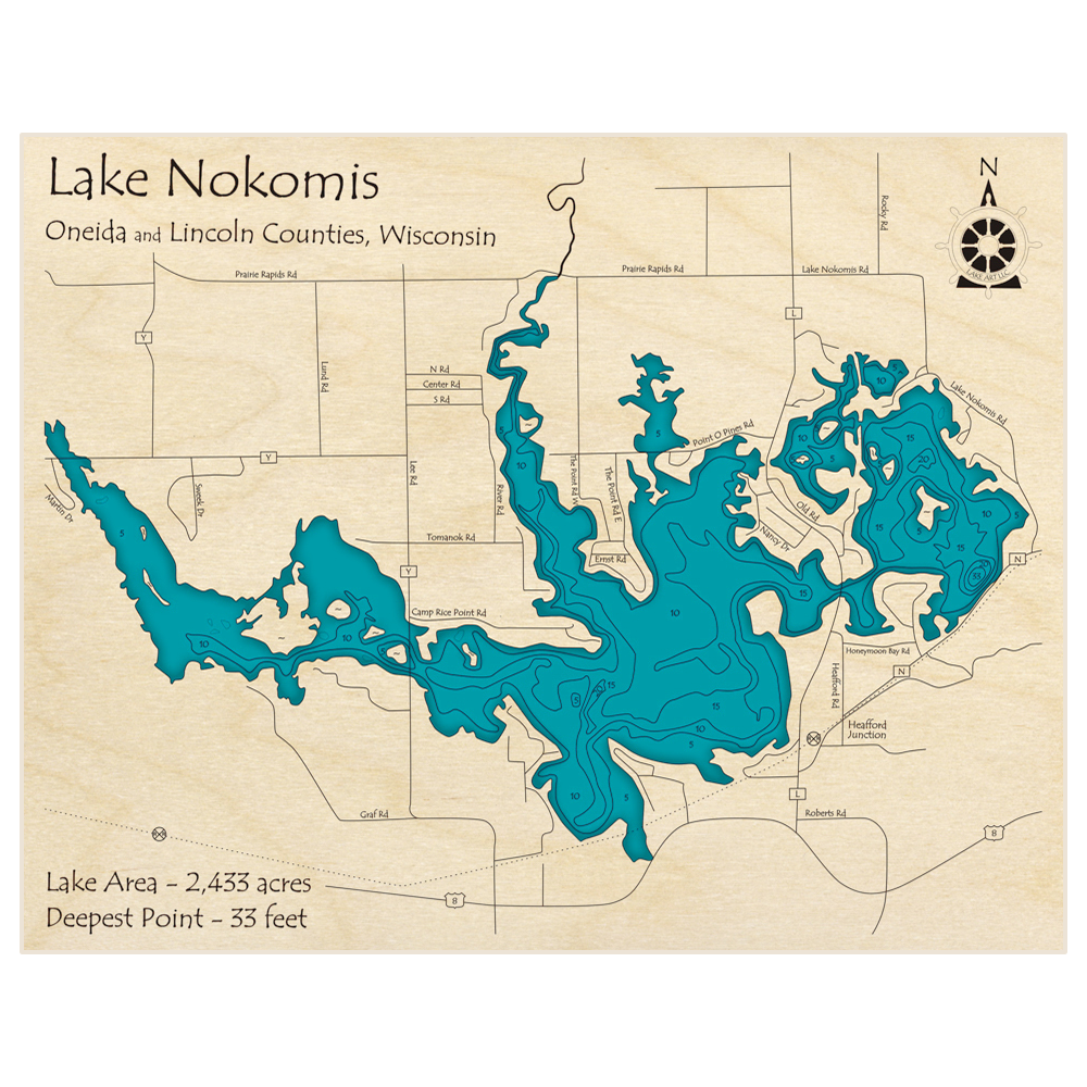 Bathymetric topo map of Lake Nokomis with roads, towns and depths noted in blue water