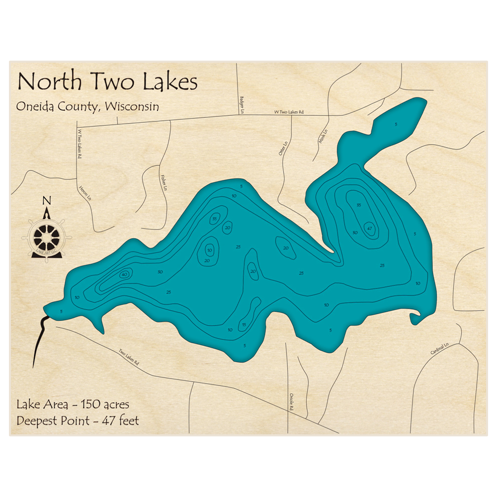 Bathymetric topo map of North Two Lakes with roads, towns and depths noted in blue water