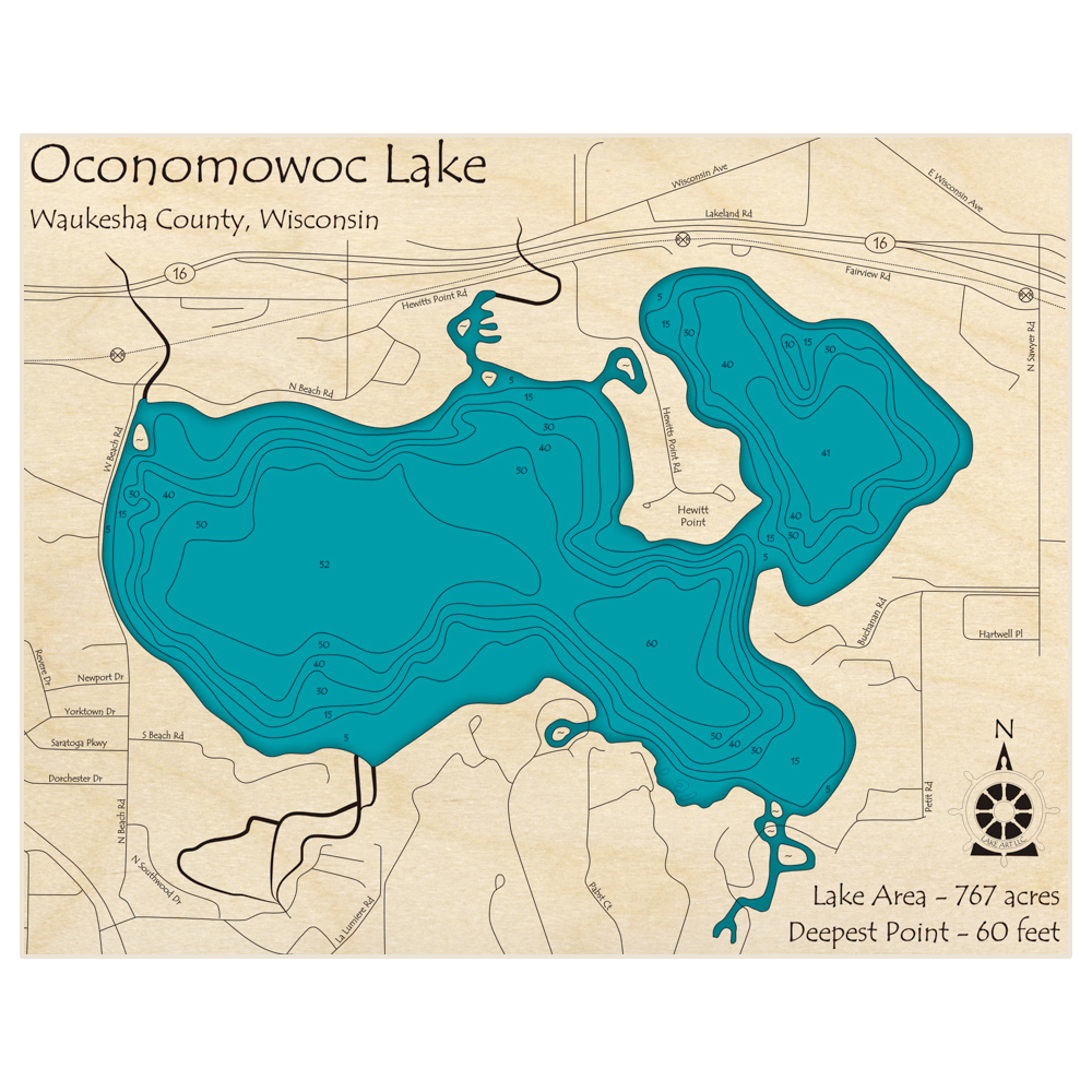 Bathymetric topo map of Oconomowoc Lake with roads, towns and depths noted in blue water