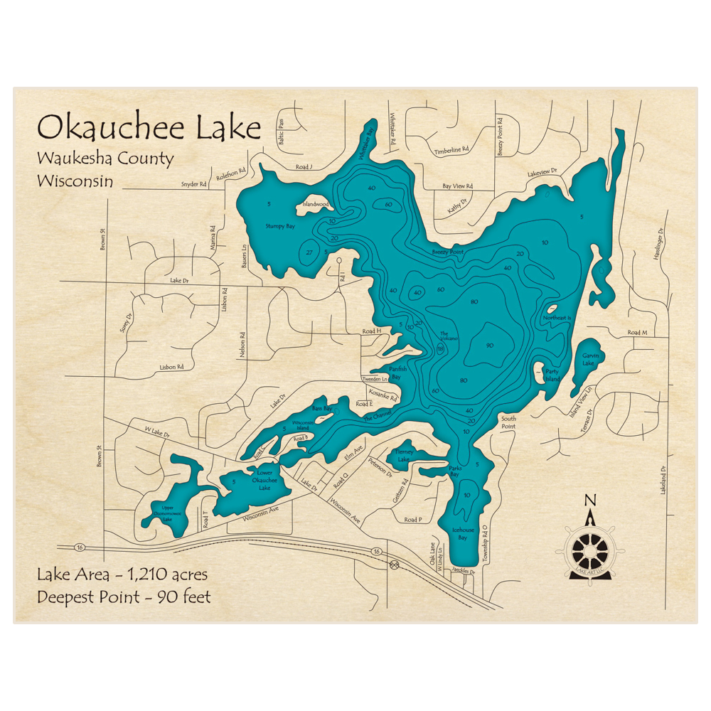 Bathymetric topo map of Okauchee Lake with roads, towns and depths noted in blue water