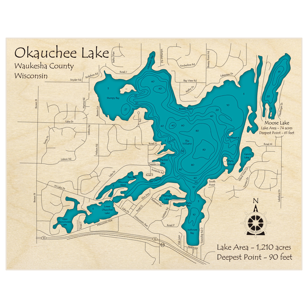 Bathymetric topo map of Okauchee Lake (With Moose Lake) with roads, towns and depths noted in blue water