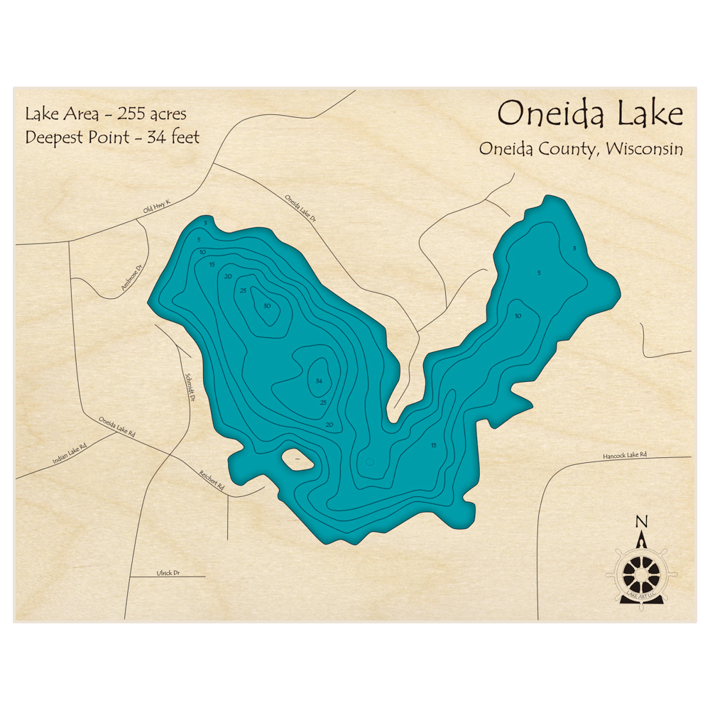 Bathymetric topo map of Oneida Lake with roads, towns and depths noted in blue water