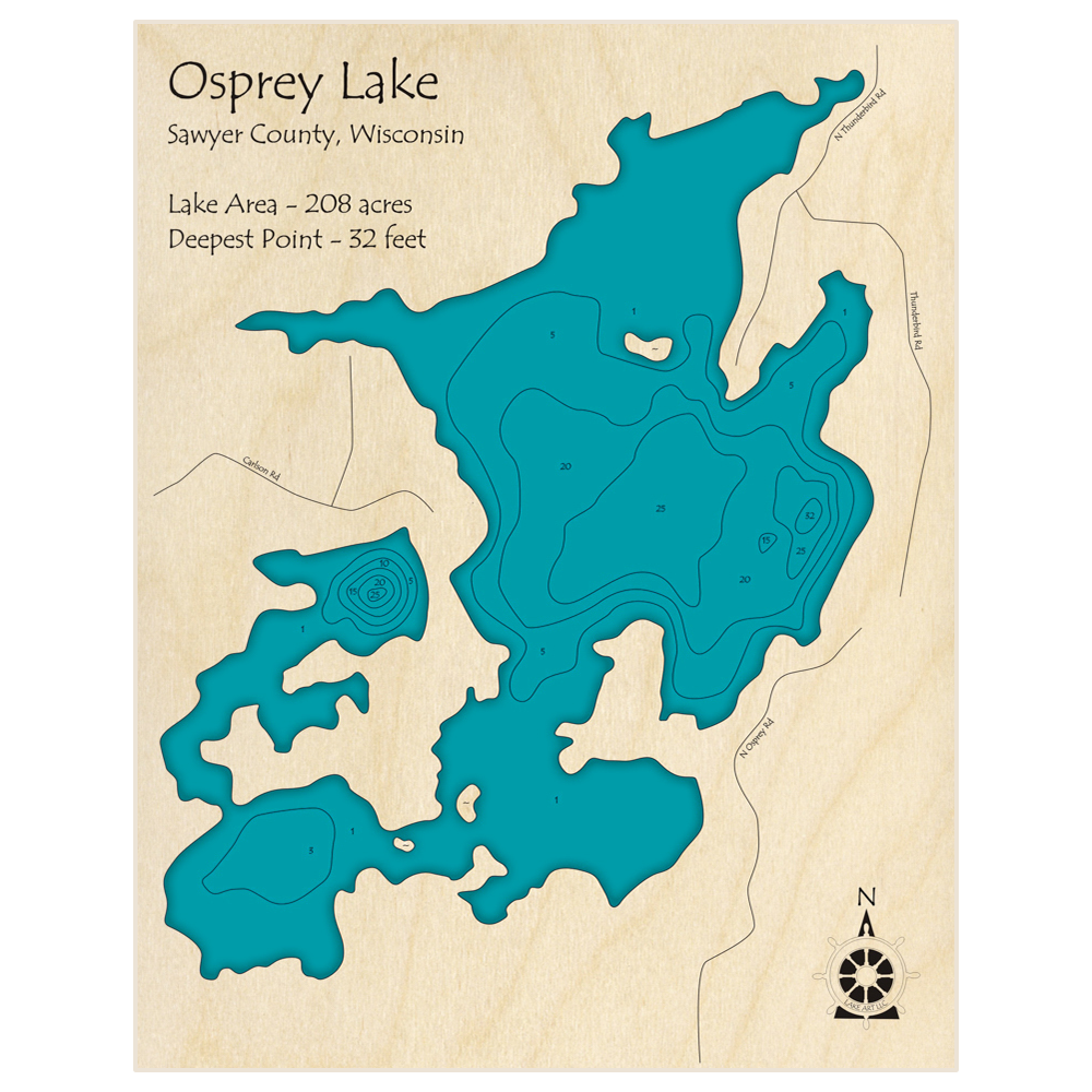 Bathymetric topo map of Osprey Lake with roads, towns and depths noted in blue water