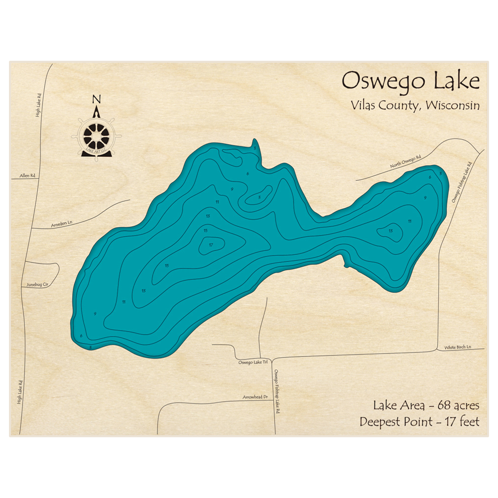 Bathymetric topo map of Oswego Lake with roads, towns and depths noted in blue water