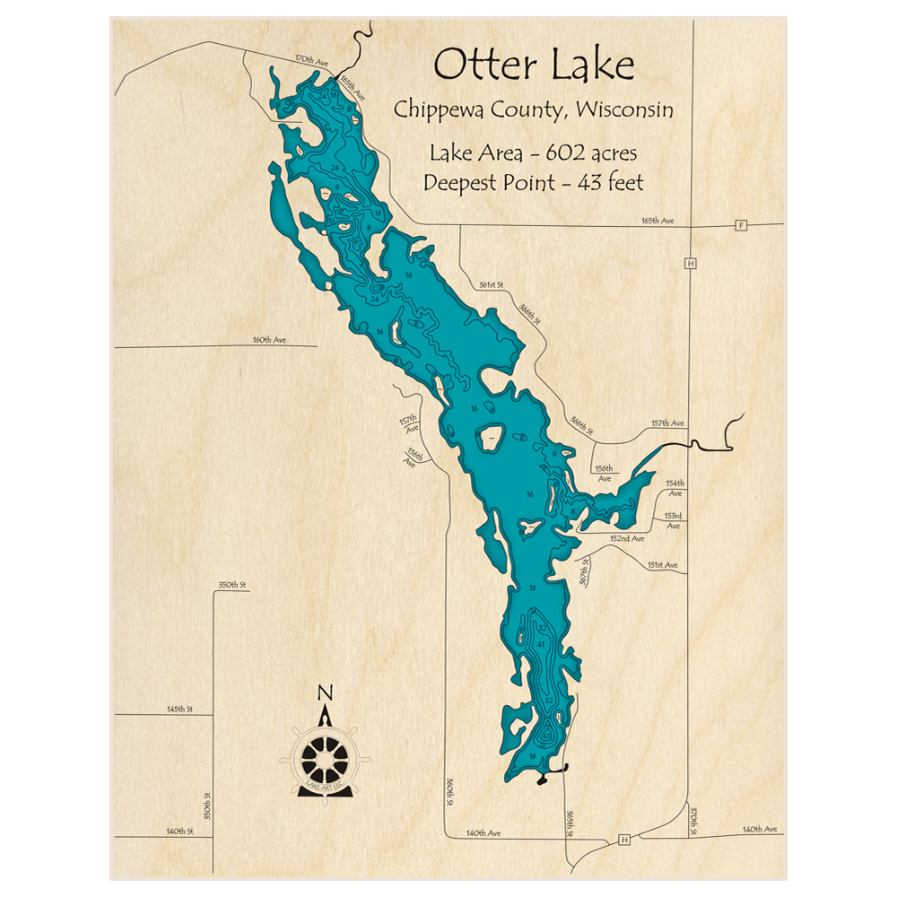 Bathymetric topo map of Otter Lake with roads, towns and depths noted in blue water