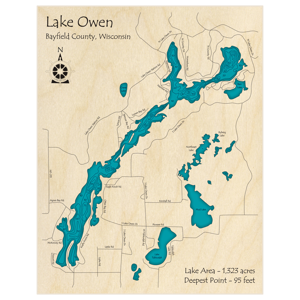 Bathymetric topo map of Lake Owen with roads, towns and depths noted in blue water