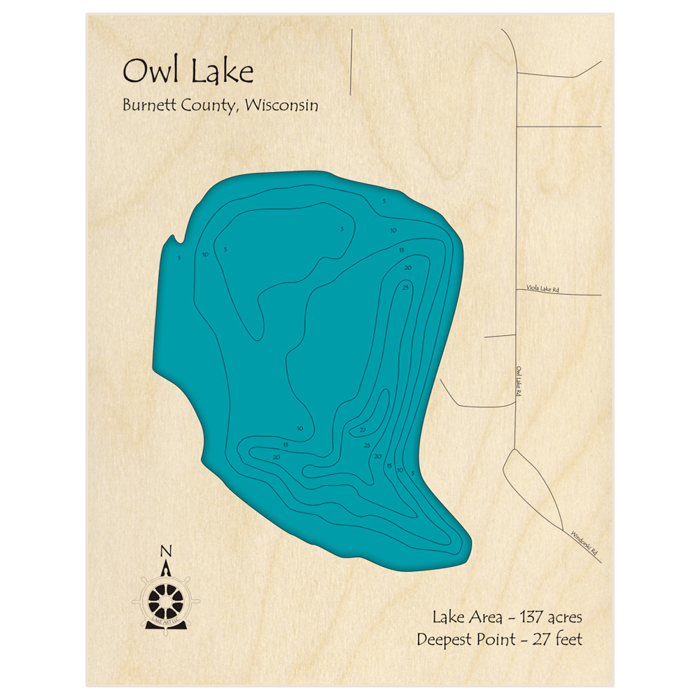 Bathymetric topo map of Owl Lake with roads, towns and depths noted in blue water