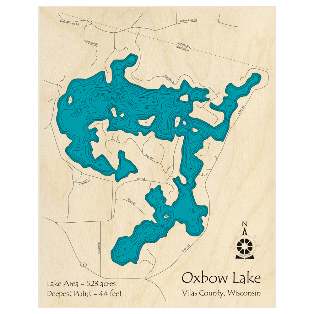 Bathymetric topo map of Oxbow Lake with roads, towns and depths noted in blue water