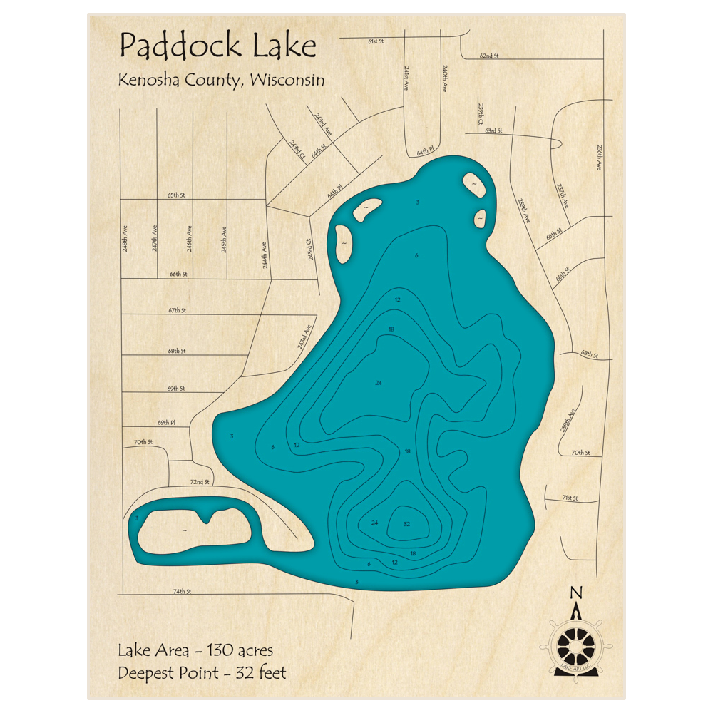 Bathymetric topo map of Paddock Lake with roads, towns and depths noted in blue water