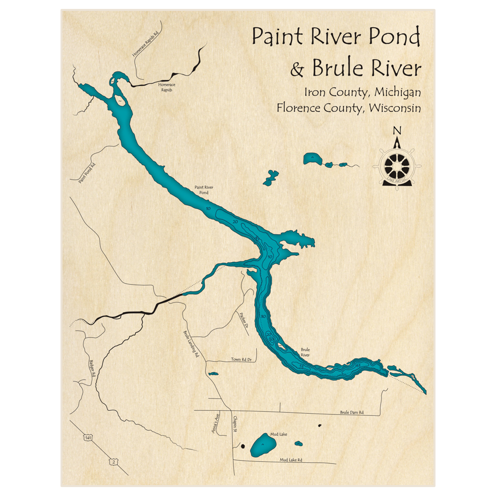 Bathymetric topo map of Paint River Pond and Brule River with roads, towns and depths noted in blue water