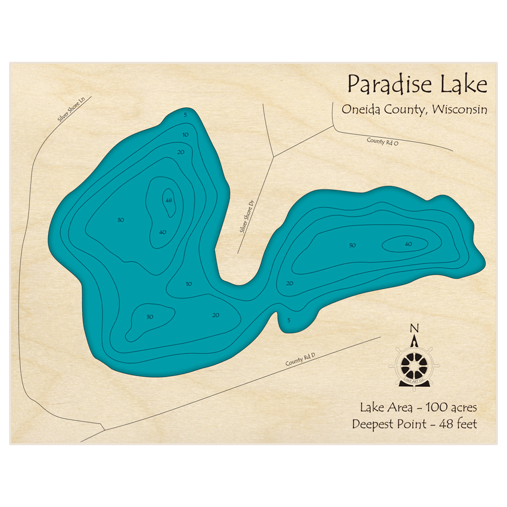 Bathymetric topo map of Paradise Lake with roads, towns and depths noted in blue water