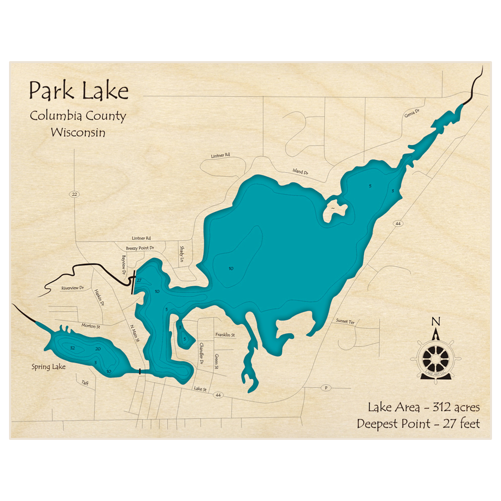 Bathymetric topo map of Park Lake with roads, towns and depths noted in blue water