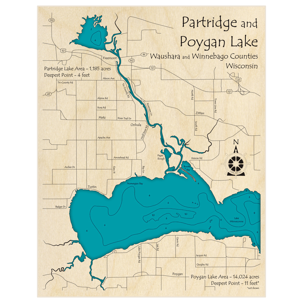 Bathymetric topo map of Lake Poygan (with Lake Partridge) with roads, towns and depths noted in blue water