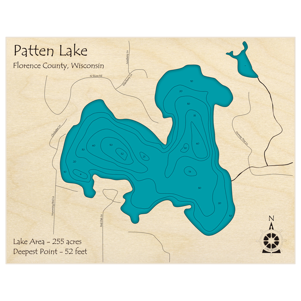 Bathymetric topo map of Patten Lake with roads, towns and depths noted in blue water
