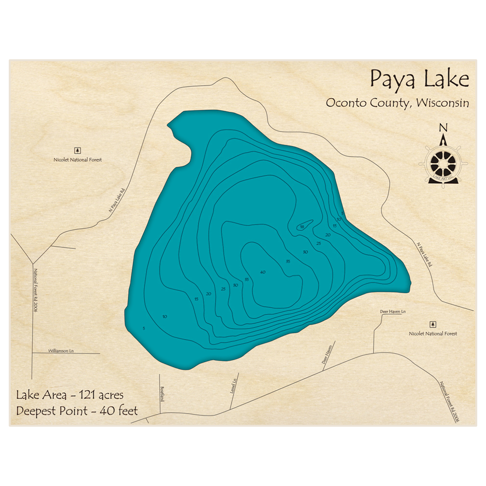 Bathymetric topo map of Paya Lake with roads, towns and depths noted in blue water