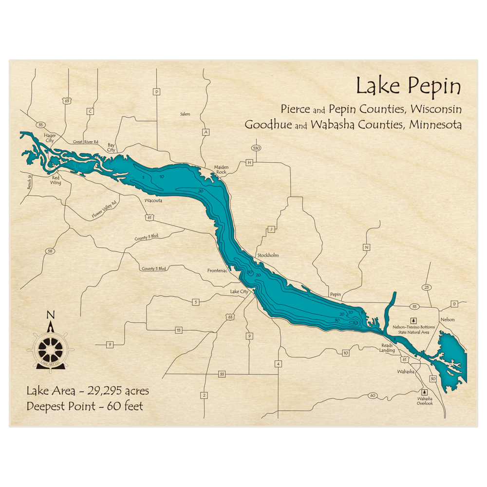Bathymetric topo map of Lake Pepin with roads, towns and depths noted in blue water