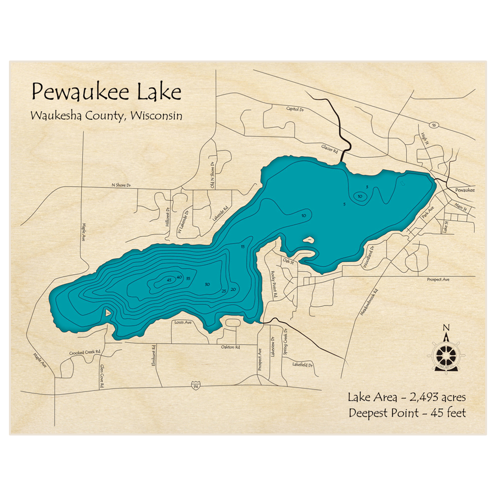 Bathymetric topo map of Pewaukee Lake with roads, towns and depths noted in blue water