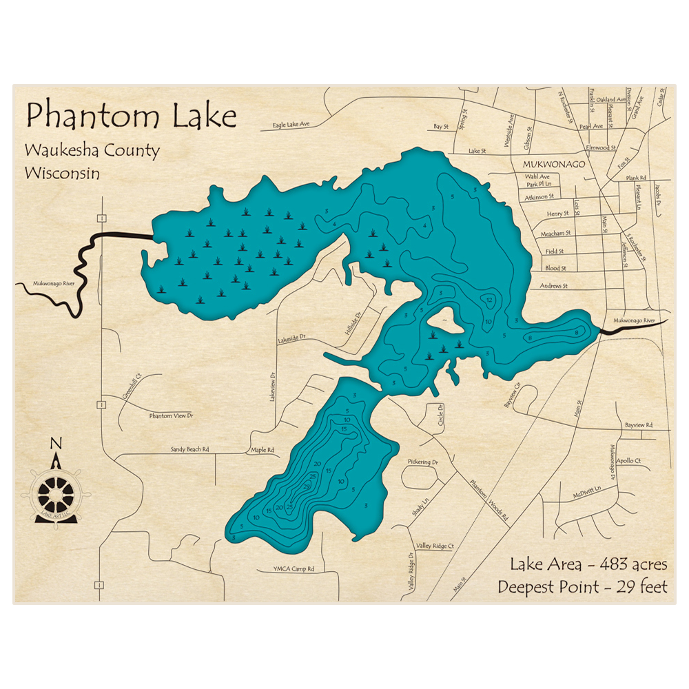 Bathymetric topo map of Phantom Lake with roads, towns and depths noted in blue water