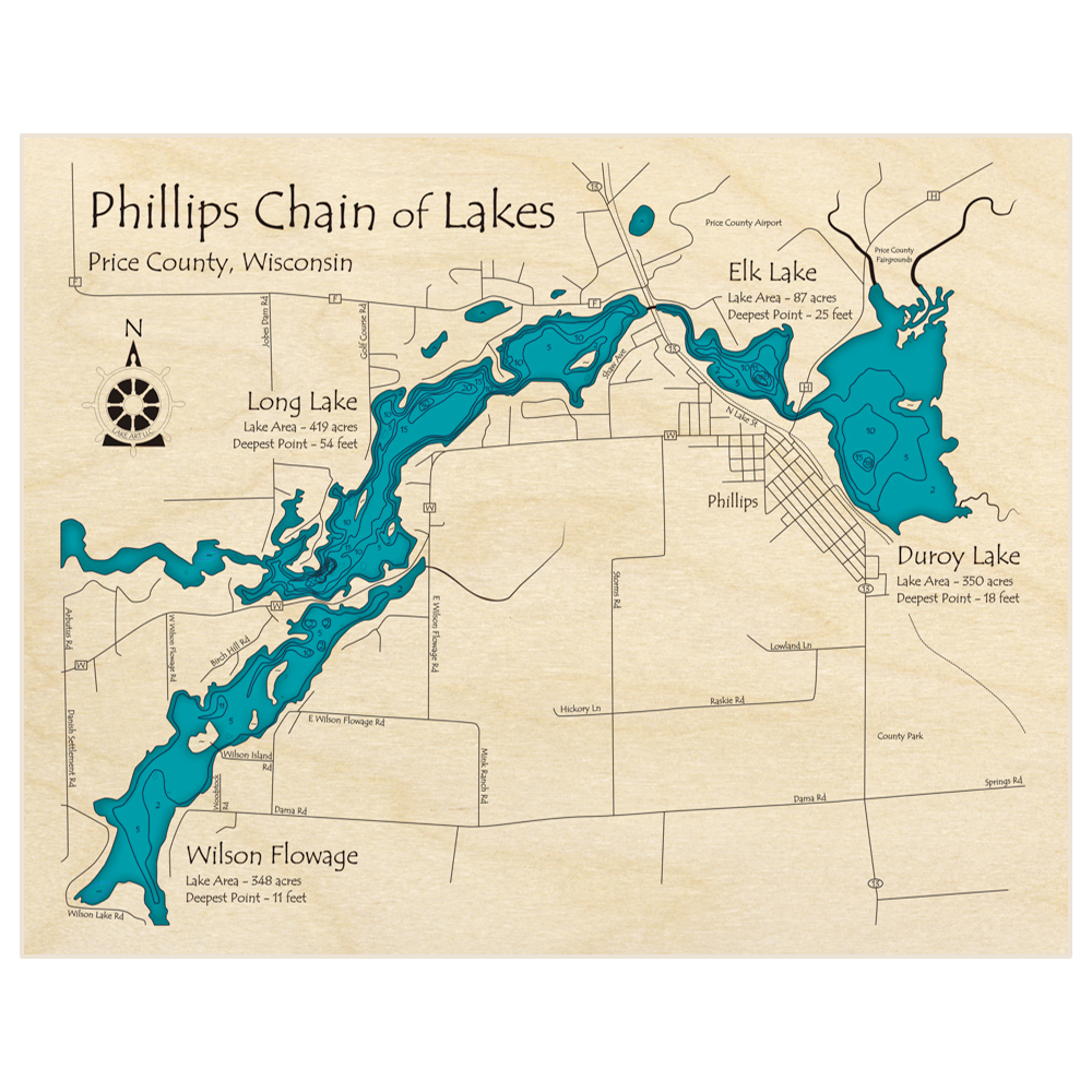 Bathymetric topo map of Phillips Chain with roads, towns and depths noted in blue water